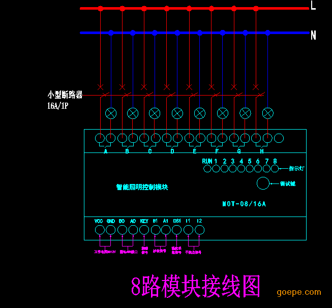 1、输出控制常开触点AC250V/16A(注：负载接线示意图) 2、运行和通信状态指示。 3、手动控制开关,现场实验按钮。 4、工作电源：V ,V-：DC12V；VCC,GND：DC12V/ 2A；电源和智能照明模块对应V 连接VCC，V-连接GND，B0,A0,RS-485通信接口,主要与后台总线连接，智能照明控制模块BO,A0之间对应手拉手方式连接，接线图上未标明的在对应模块上标示有，KEY为开关量连接型号，B1,A1为抄表连接型号，DS1为温度采集连接型号，I1,I2根据现场编程设定 5、扩展接口